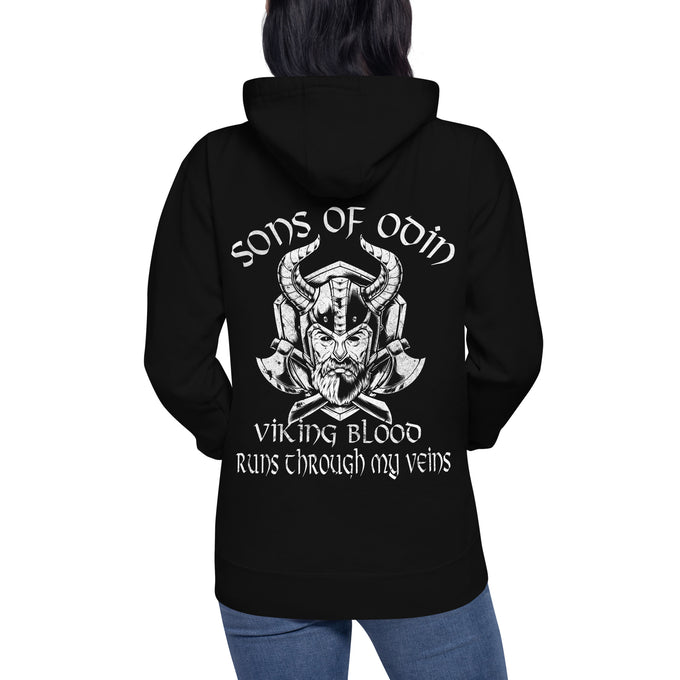 Herren T-Shirt und Hoodies Wikinger "Sons of Odin Viking Blood runs through my Veins" Variante 4 – Schwarz – Rückansicht
