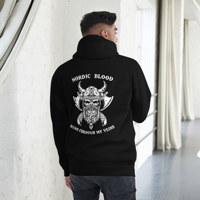 Herren T-Shirt und Hoodies Wikinger "Nordic Blood runs through my Veins" – Schwarz – Rückansicht