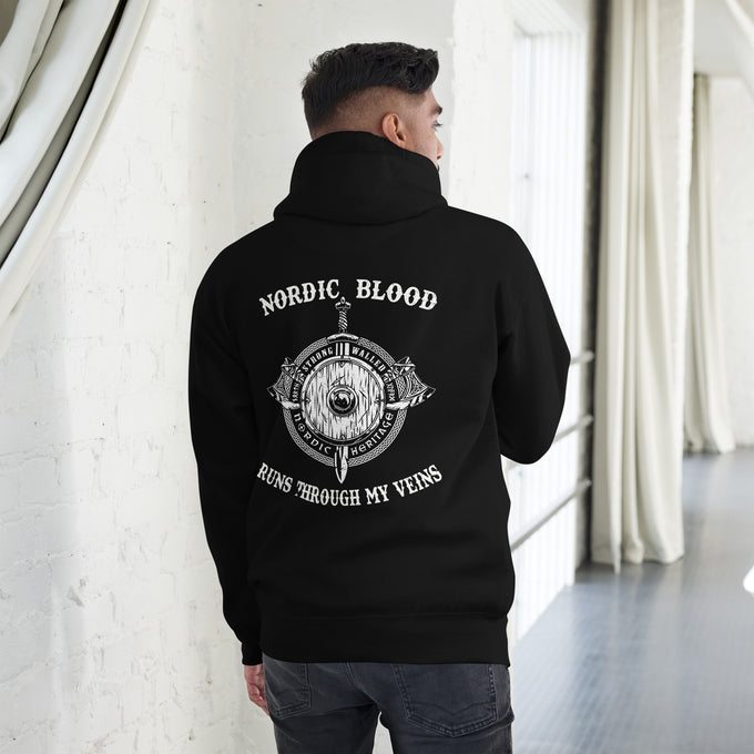 Herren T-Shirt und Hoodies Wikinger "Nordic Blood runs through my Veins" Variante 3 – Schwarz – Rückansicht