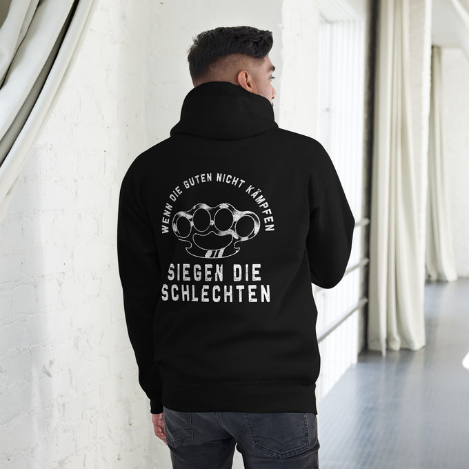 Biker - Premium Unisex Hoodie " Wenn die guten nicht kämpfen, Siegen die schlechten" – Schwarz – Rückansicht