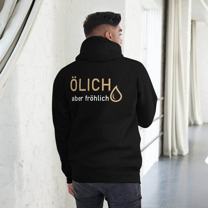 Biker - Premium Unisex Hoodie " Ölich aber fröhlich" – Schwarz – Rückansicht