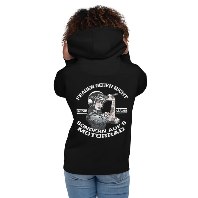 Biker - Premium Unisex Hoodie " Frauen gehen nicht in die Küche sondern aufs Motorrad" – Schwarz – Rückansicht