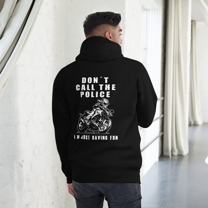 Biker - Premium Unisex Hoodie "Don´t call the police" Variante 1 – Schwarz – Rückansicht