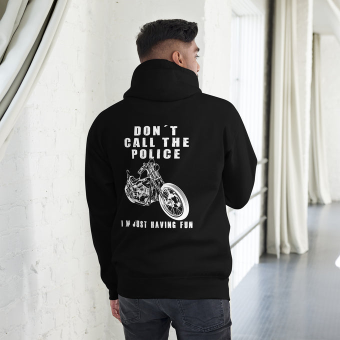 Biker - Premium Unisex Hoodie "Don´t call the police" Variante 2 – Schwarz – Rückansicht