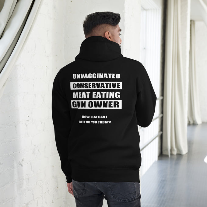 Biker - Premium Unisex Hoodie "Unvaccinated Conservative Meat Eating Gun Owner " – Schwarz – Rückansicht