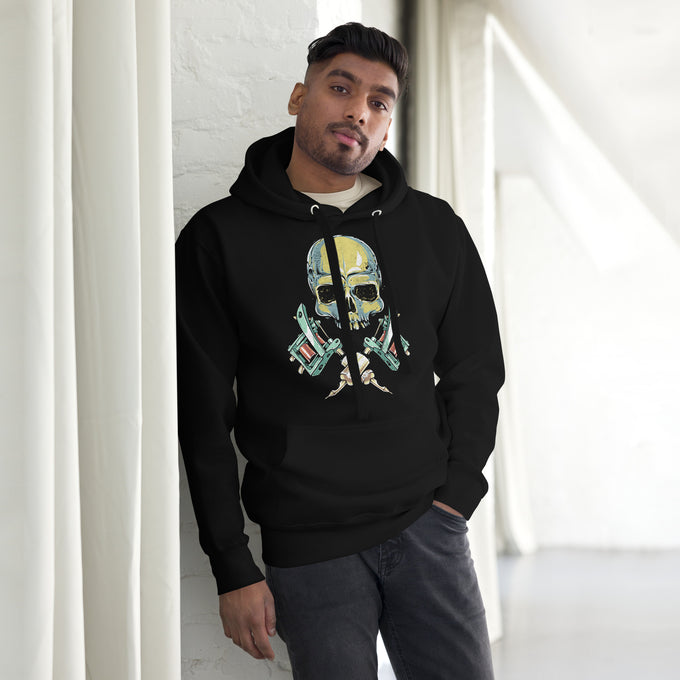 Unisex-Biker Hoodie "Tattoo Skull" – Schwarz – Vorderansicht