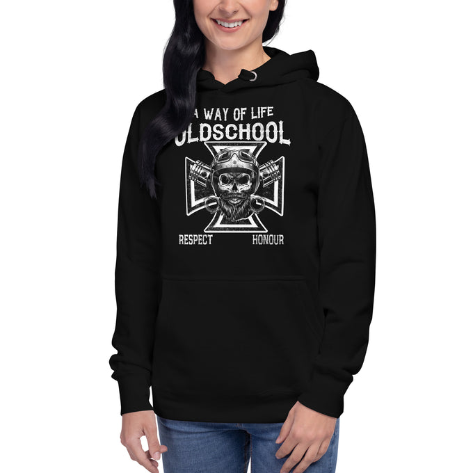 Biker - Premium Unisex Hoodie " A Way of Life Oldschool" – Schwarz – Vorderansicht