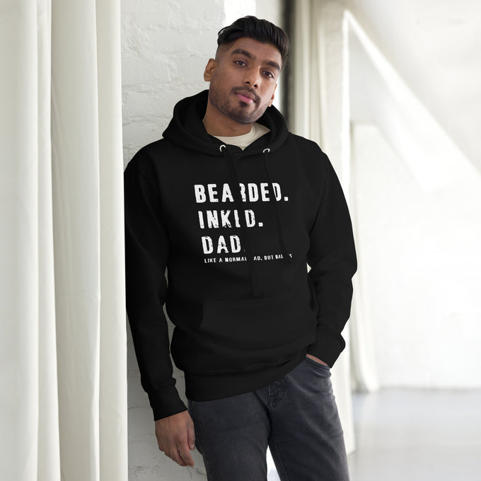 Biker - Premium Unisex Hoodie "Bearded Inked Dad Like A Normal Dad But Badass" – Schwarz – Vorderansicht