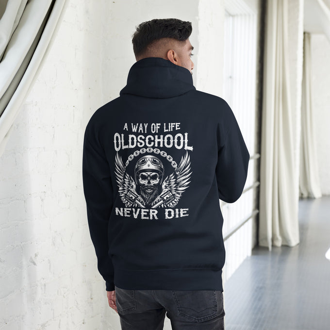Biker - Premium Unisex Hoodie " A Way of Life Oldschool" Variante3 – Marineblau – Rückansicht