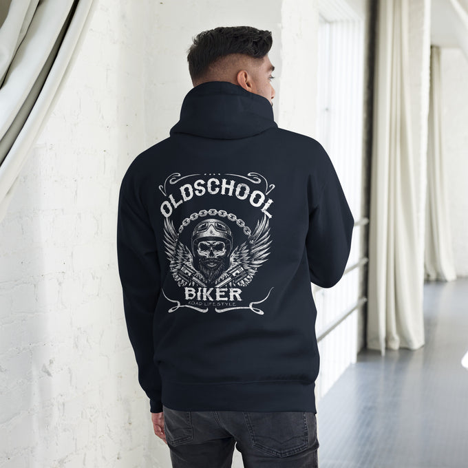 Biker - Premium Unisex Hoodie " Old School Biker" Variante 7 – Marineblau – Rückansicht