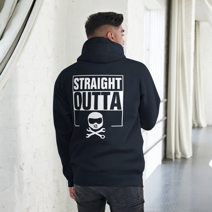 Biker - Premium Unisex Hoodie " Straight Outta" – Marineblau – Rückansicht