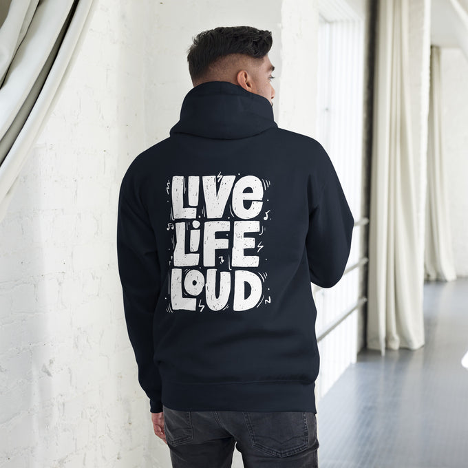 Biker - Premium Unisex Hoodie " Live Life Loud" – Marineblau – Rückansicht