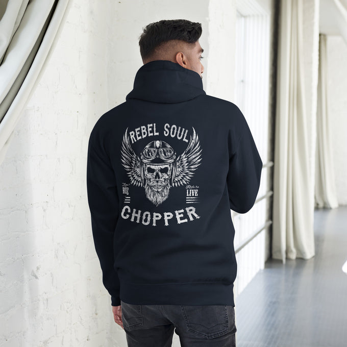 Biker - Premium Unisex Hoodie " Rebel Soul" – Marineblau – Rückansicht