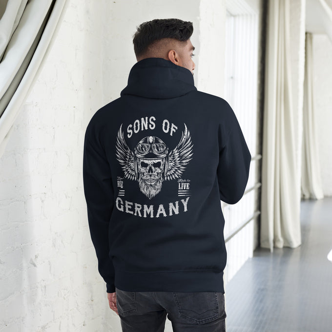 Biker - Premium Unisex Hoodie " Sons of Germany" – Marineblau – Rückansicht