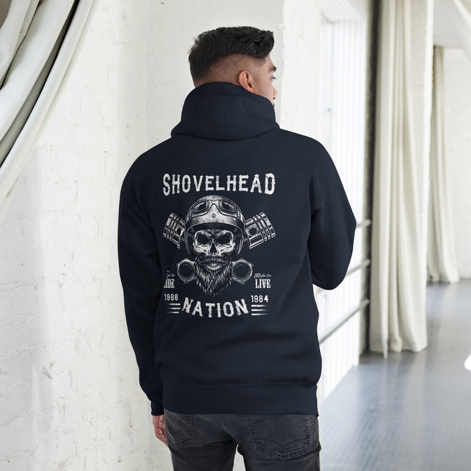 Biker - Premium Unisex Hoodie " Shovelhead Nation" – Marineblau – Rückansicht