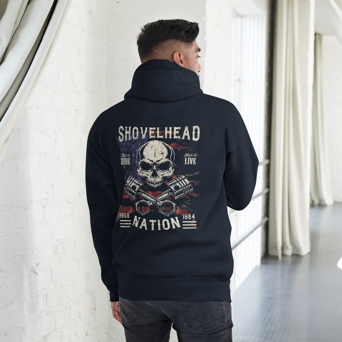 Biker - Premium Unisex Hoodie " Shovelhead Nation" Variante2 – Marineblau – Rückansicht