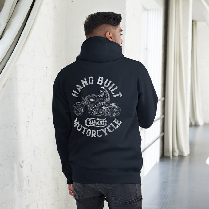 Biker - Premium Unisex Hoodie " Hand Build Motorcycles" – Marineblau – Rückansicht