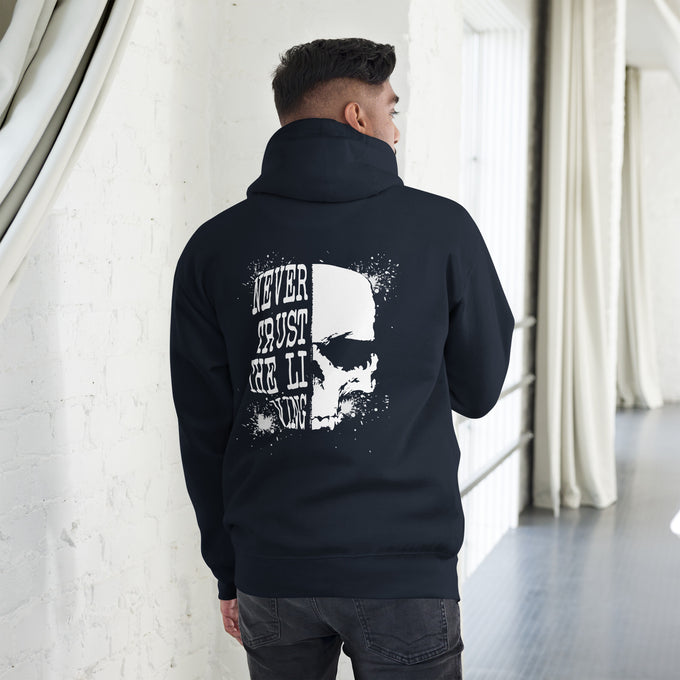 Biker - Premium Unisex Hoodie " Never Trust The Living" – Marineblau – Rückansicht