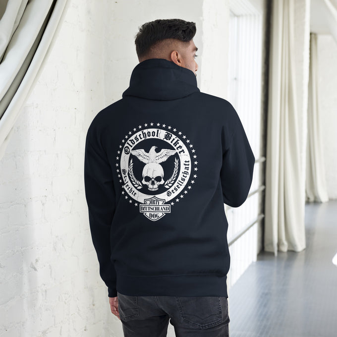 Biker - Premium Unisex Hoodie " Old School Biker Schlechte Gesellschaft" – Marineblau – Rückansicht