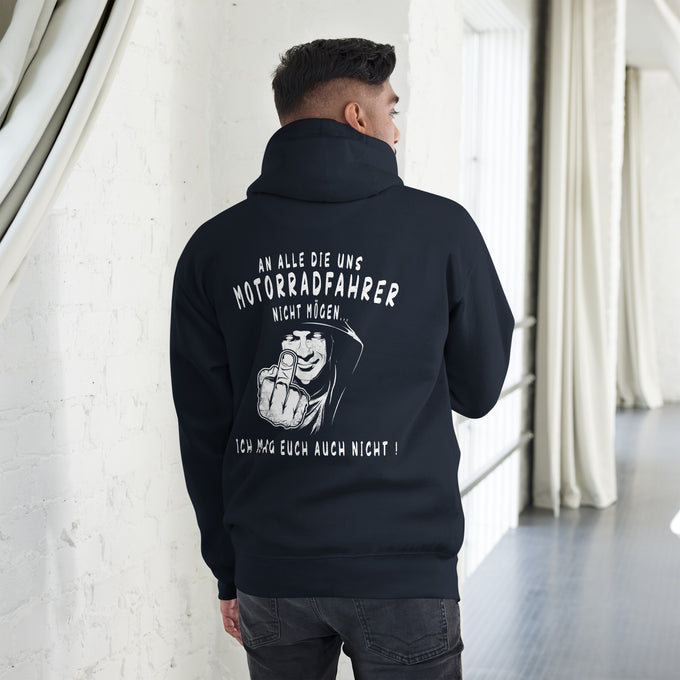 Biker - Premium Unisex Hoodie " An alle die uns Motoradfahrer nicht mögen" Variante2 – Marineblau – Rückansicht