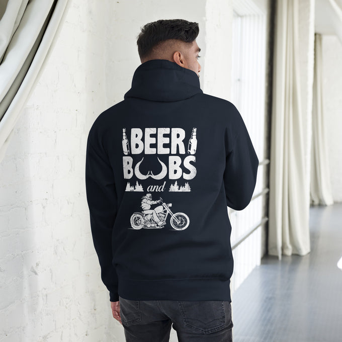 Biker - Premium Unisex Hoodie " Beer, Boobs, Biker" – Marineblau – Rückansicht