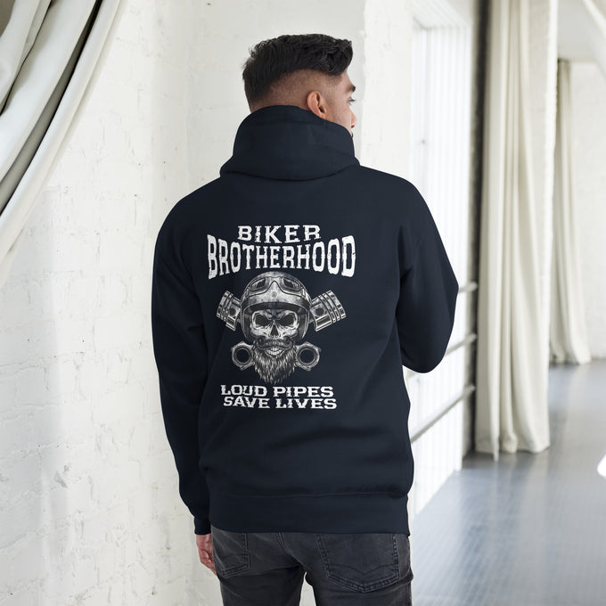 Biker - Premium Unisex Hoodie " Biker Brotherhood" – Marineblau – Rückansicht