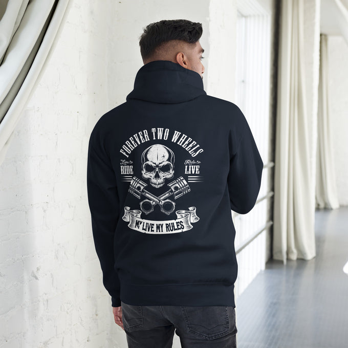 Biker - Premium Unisex Hoodie " My Live My Rules" – Marineblau – Rückansicht