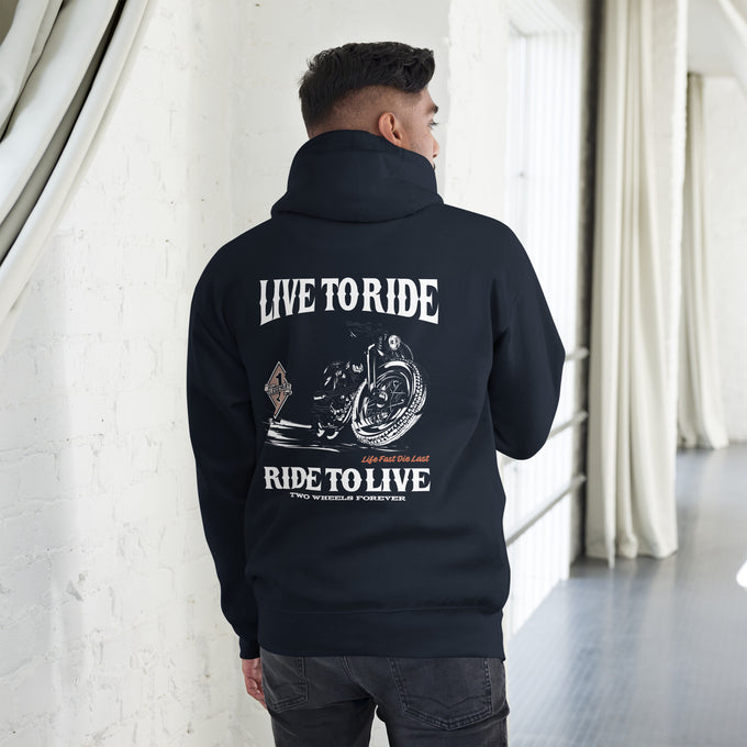 Biker - Premium Unisex Hoodie " Live to Ride" – Marineblau – Rückansicht