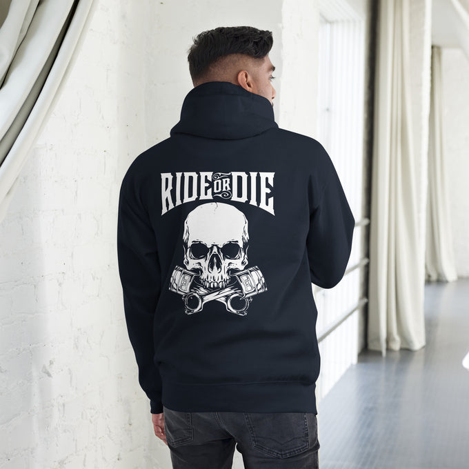 Biker - Premium Unisex Hoodie " Ride or Die" Variante 4 – Marineblau – Rückansicht