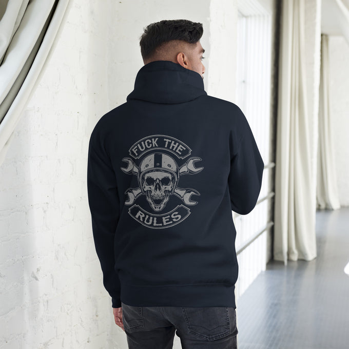 Biker - Premium Unisex Hoodie " Fuck the Rules" – Marineblau – Rückansicht