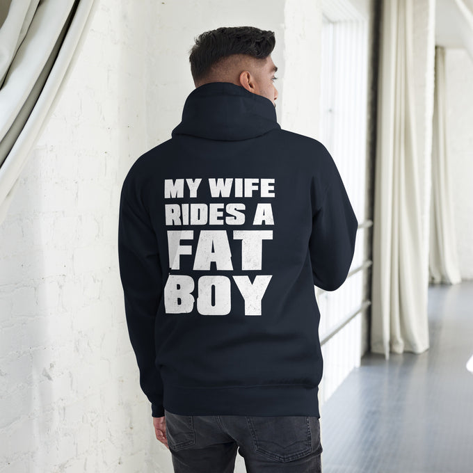 Biker - Premium Unisex Hoodie " My Wife Rides A FAT Boy" – Marineblau – Rückansicht