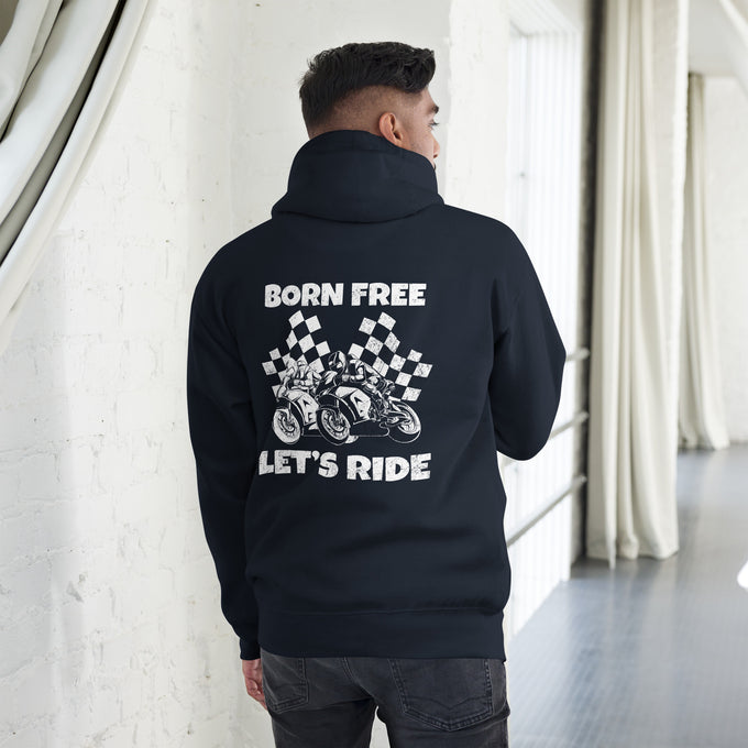 Biker - Premium Unisex Hoodie " Born Free Let´s Ride" – Marineblau – Rückansicht
