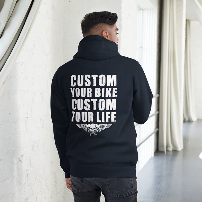 Biker - Premium Unisex Hoodie " Custom your Biker Custom Your Life" – Marineblau – Rückansicht