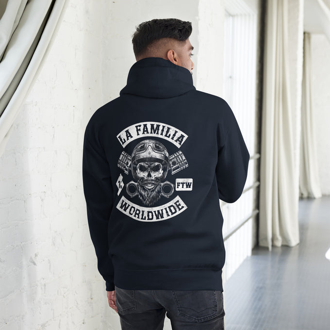 Biker - Premium Unisex Hoodie " LA FAMILIA WORLDWIDE" – Marineblau – Rückansicht