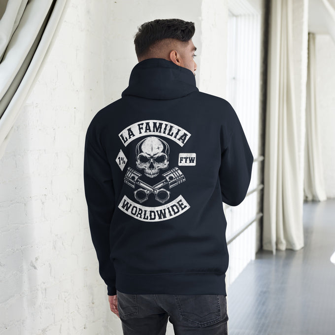 Biker - Premium Unisex Hoodie " LA FAMILIA WORLDWIDE" Variante 2 – Marineblau – Rückansicht