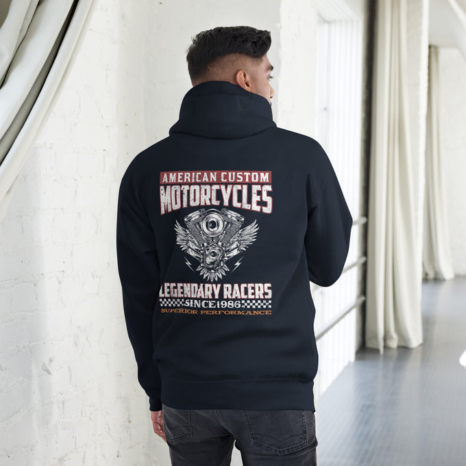 Biker - Premium Unisex Hoodie " American Custom Racer" – Marineblau – Rückansicht