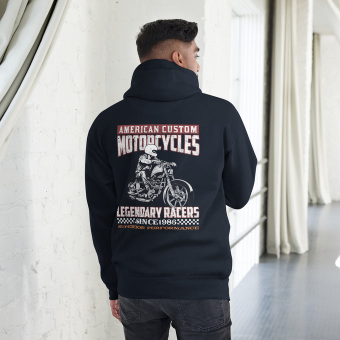 Biker - Premium Unisex Hoodie " American Custom Motorcycles" – Marineblau – Rückansicht