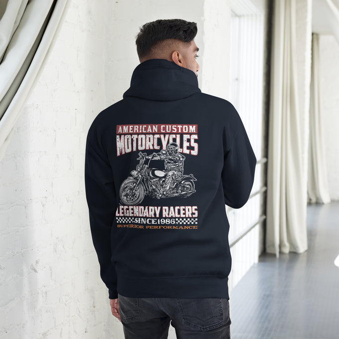Biker - Premium Unisex Hoodie " American Custom Motorcycles" Variante 2 – Marineblau – Rückansicht