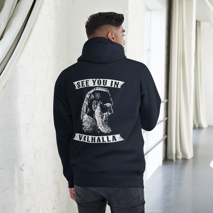 Herren T-Shirt und Hoodies Wikinger "SEE YOU IN VALHALLA" Variante 2 – Marineblau – Rückansicht