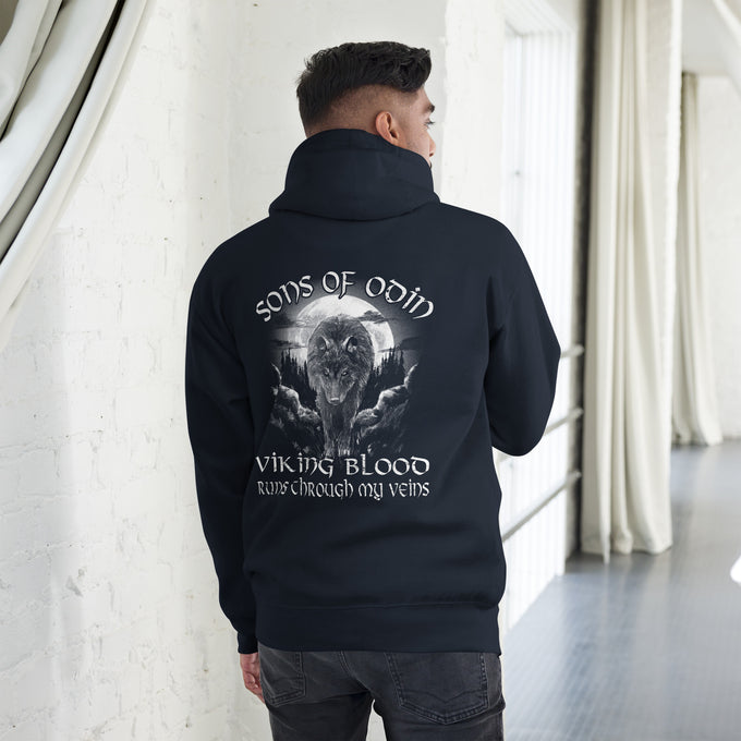 Herren T-Shirt und Hoodies Wikinger "Sons of Odin Viking Blood runs through my Veins" Variante 1 – Marineblau – Rückansicht