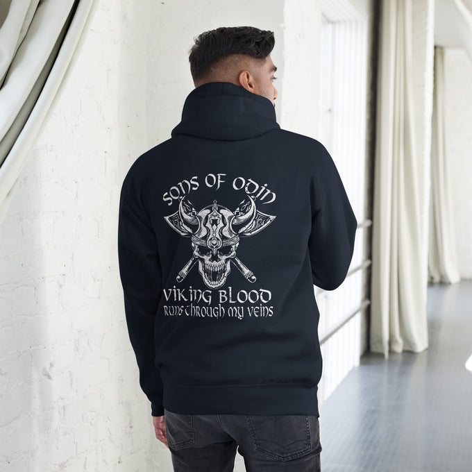 Herren T-Shirt und Hoodies Wikinger "Sons of Odin Viking Blood runs through my Veins" Variante 7 – Marineblau – Rückansicht