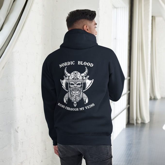 Herren T-Shirt und Hoodies Wikinger "Nordic Blood runs through my Veins" – Marineblau – Rückansicht