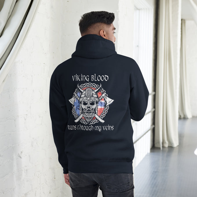 Herren T-Shirt und Hoodies Wikinger "Nordic Blood runs through my Veins" Variante 5 – Marineblau – Rückansicht