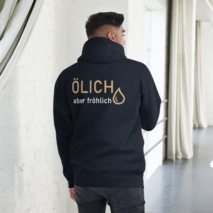 Biker - Premium Unisex Hoodie " Ölich aber fröhlich" – Marineblau – Rückansicht