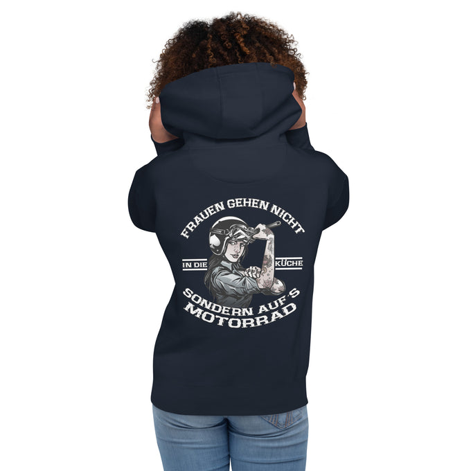 Biker - Premium Unisex Hoodie " Frauen gehen nicht in die Küche sondern aufs Motorrad" – Marineblau – Rückansicht