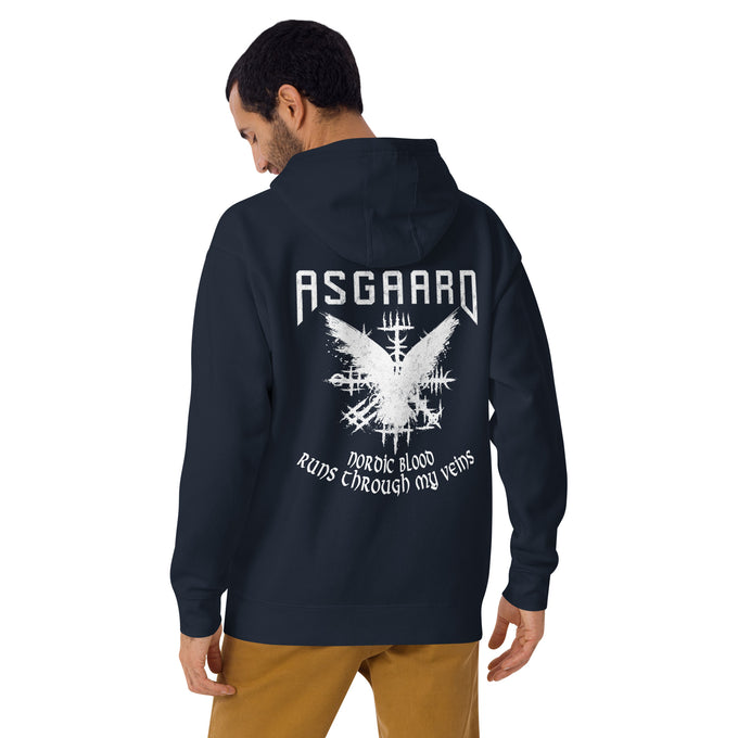 Herren T-Shirt und Hoodies Wikinger "Nordic Blood runs through my Veins" Variante 9 – Marineblau – Rückansicht