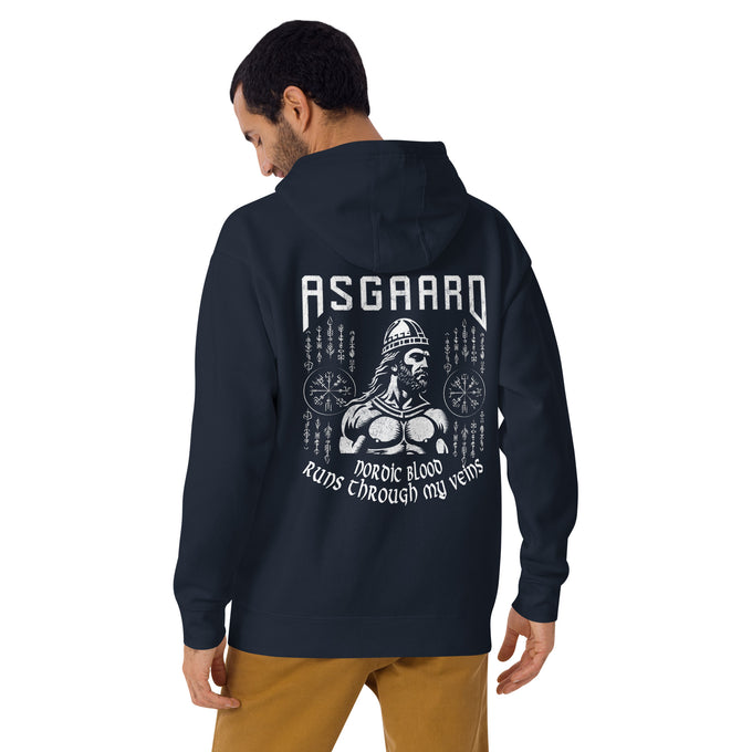 Herren T-Shirt und Hoodies Wikinger "Nordic Blood runs through my Veins" Variante 10 – Marineblau – Rückansicht