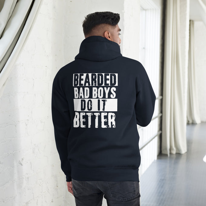 Biker - Premium Unisex Hoodie " Bearded Inked Bad Boys Do It Better" – Marineblau – Rückansicht
