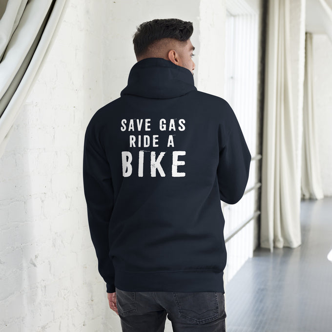 Biker - Premium Unisex Hoodie " SAVE GAS RIDE A BIKE" – Marineblau – Rückansicht