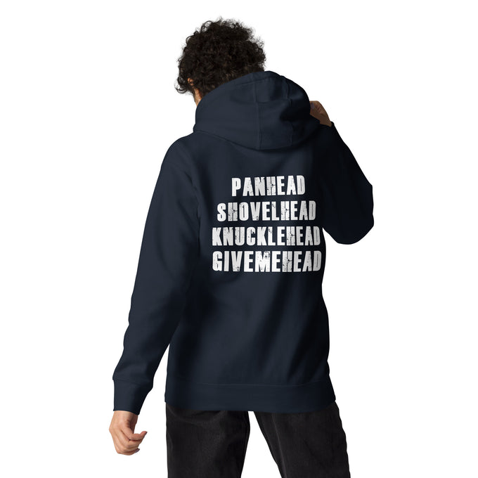 Biker Motorrad Hoodie "Shovelhead Panhead Give me Head " – Marineblau – Rückansicht
